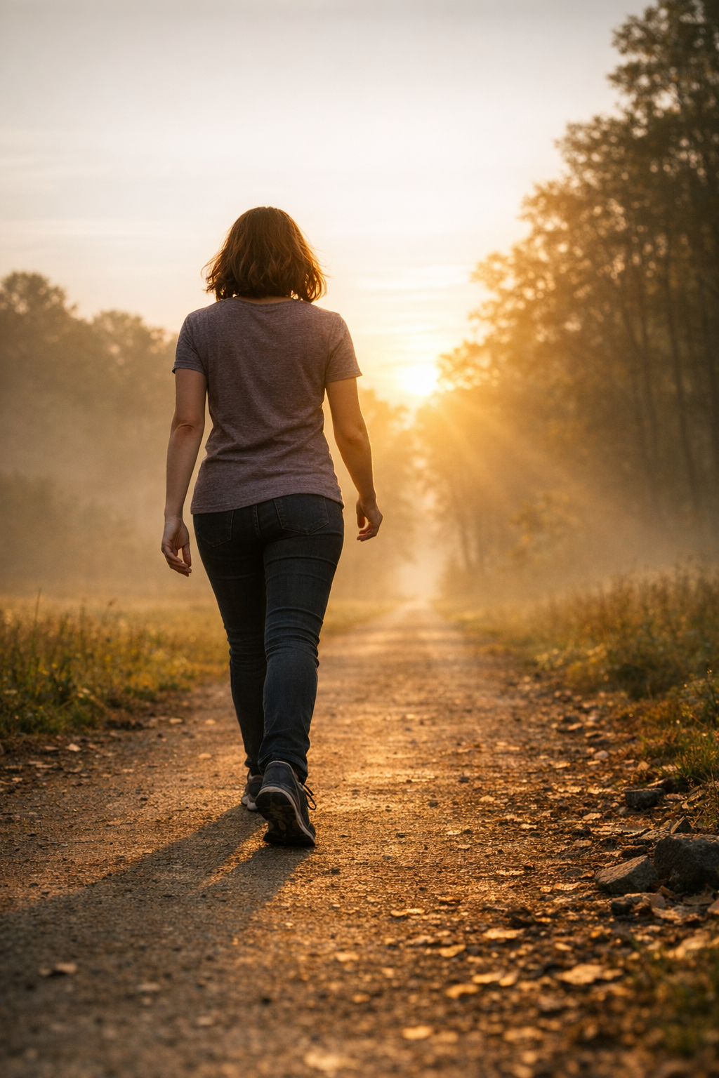 Pessoa a caminhar sozinha num trilho de floresta ao amanhecer, simbolizando disciplina, método e progresso constante sem depender de motivação.