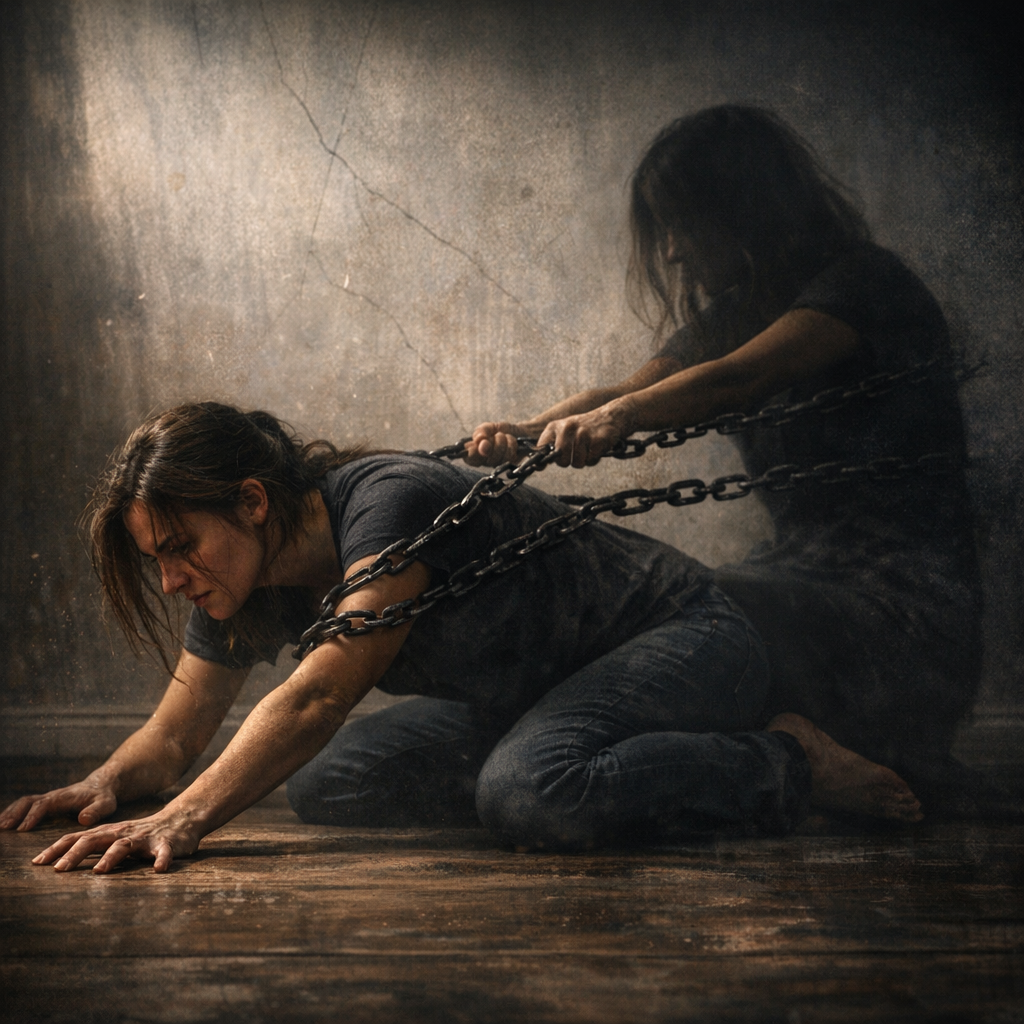 Pessoa ajoelhada no chão presa por correntes puxadas por uma figura sombria atrás, simbolizando autossabotagem e bloqueios internos que travam a mudança.