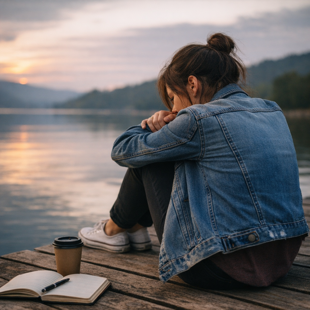Pessoa sentada num cais ao pôr do sol com um caderno e um café ao lado, simbolizando reflexão profunda e o processo de parar de sabotar a própria vida.
