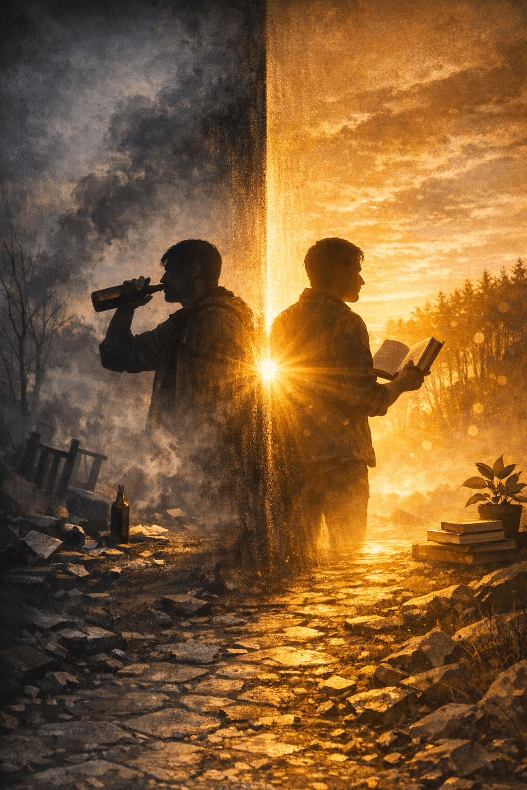 Duas figuras humanas separadas por uma linha de luz, uma em ambiente escuro e destrutivo e outra em ambiente iluminado e positivo, simbolizando a dor de mudar e a dor de permanecer igual.