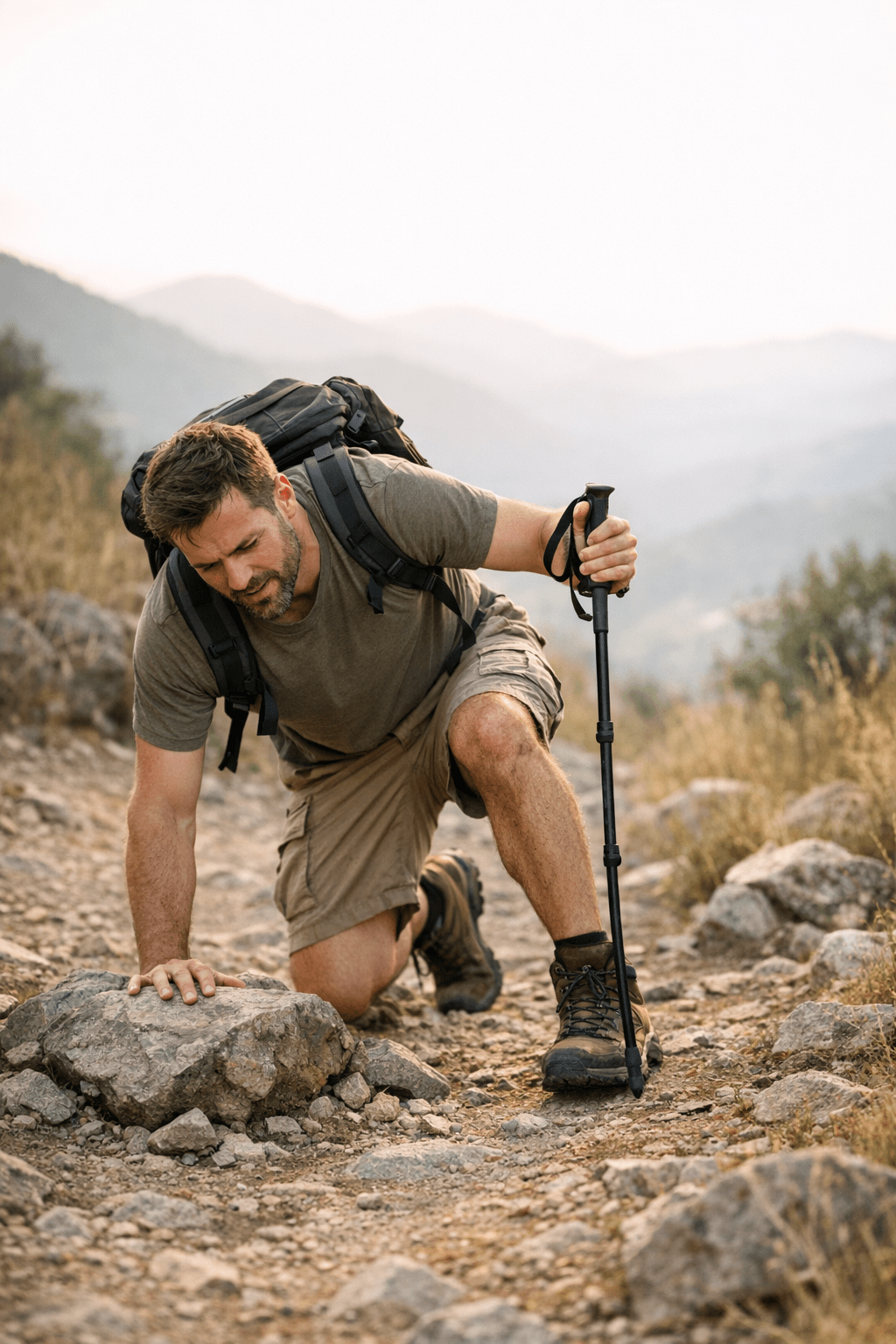 Homem a levantar‑se depois de tropeçar numa pedra durante uma caminhada em trilho montanhoso, símbolo de recomeço e superação pessoal.