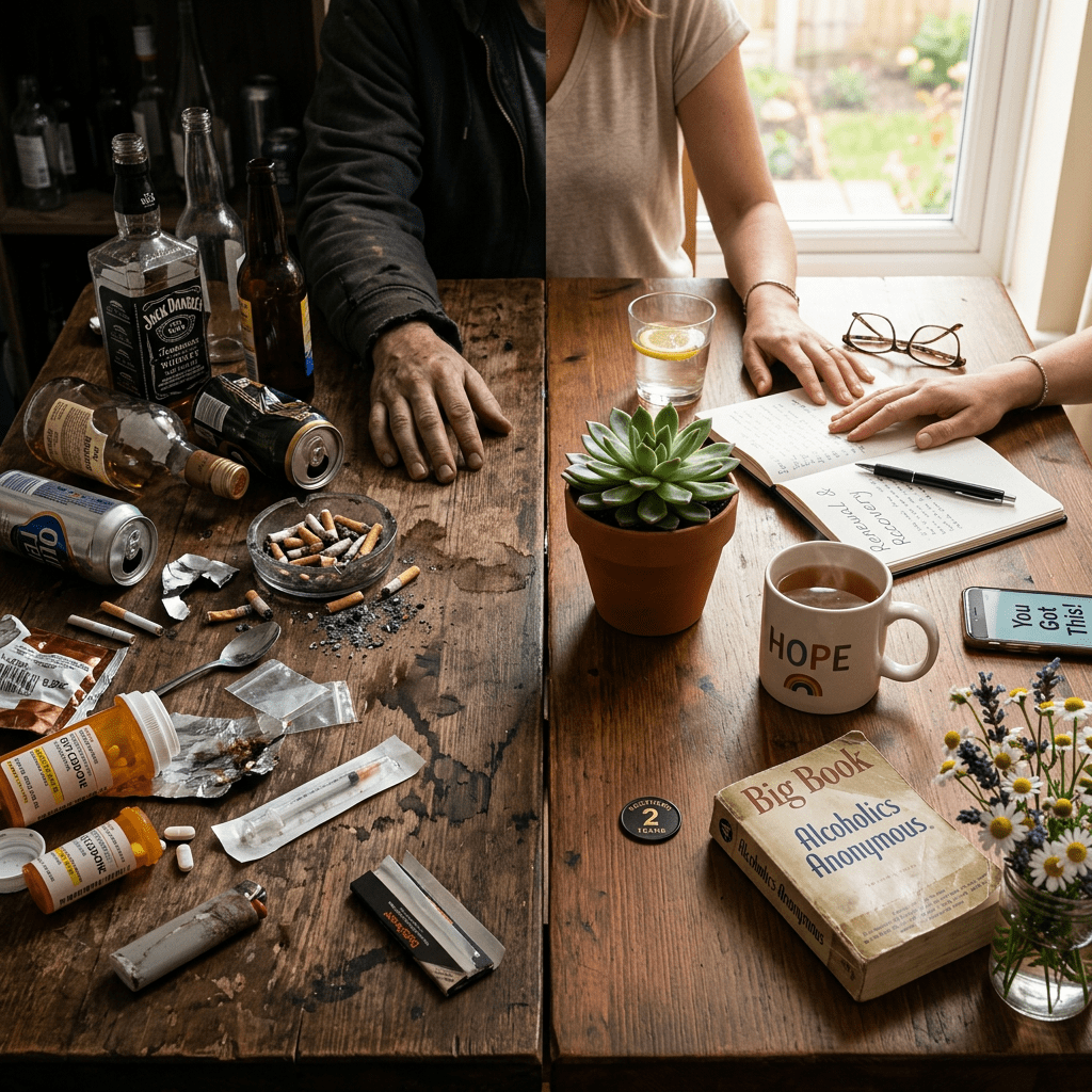 Mesa dividida em dois lados: à esquerda, garrafas de álcool, cigarros e desorganização simbolizam a recaída; à direita, água, fruta, livros e luz natural representam o recomeço e a esperança.