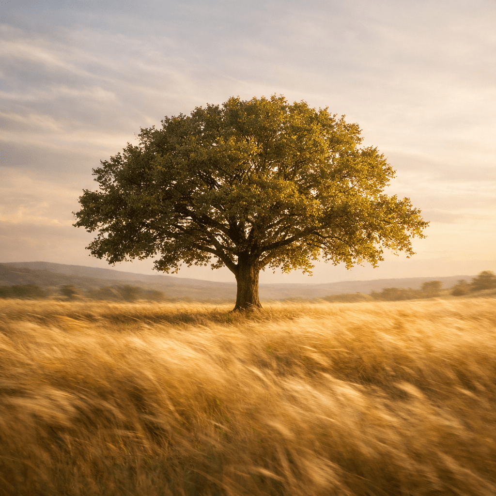 Árvore firme num campo em movimento, iluminada pela luz suave do entardecer, simbolizando a coragem de permanecer consciente enquanto o mundo muda à volta.