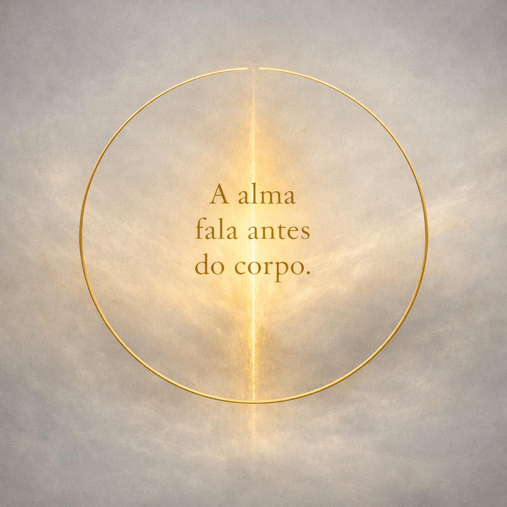 Círculo dourado com fissura vertical de luz sobre fundo etéreo em tons cinza e dourado, acompanhado da frase “A alma fala antes do corpo.”, simbolizando o momento em que a alma pede pausa antes do corpo ceder.