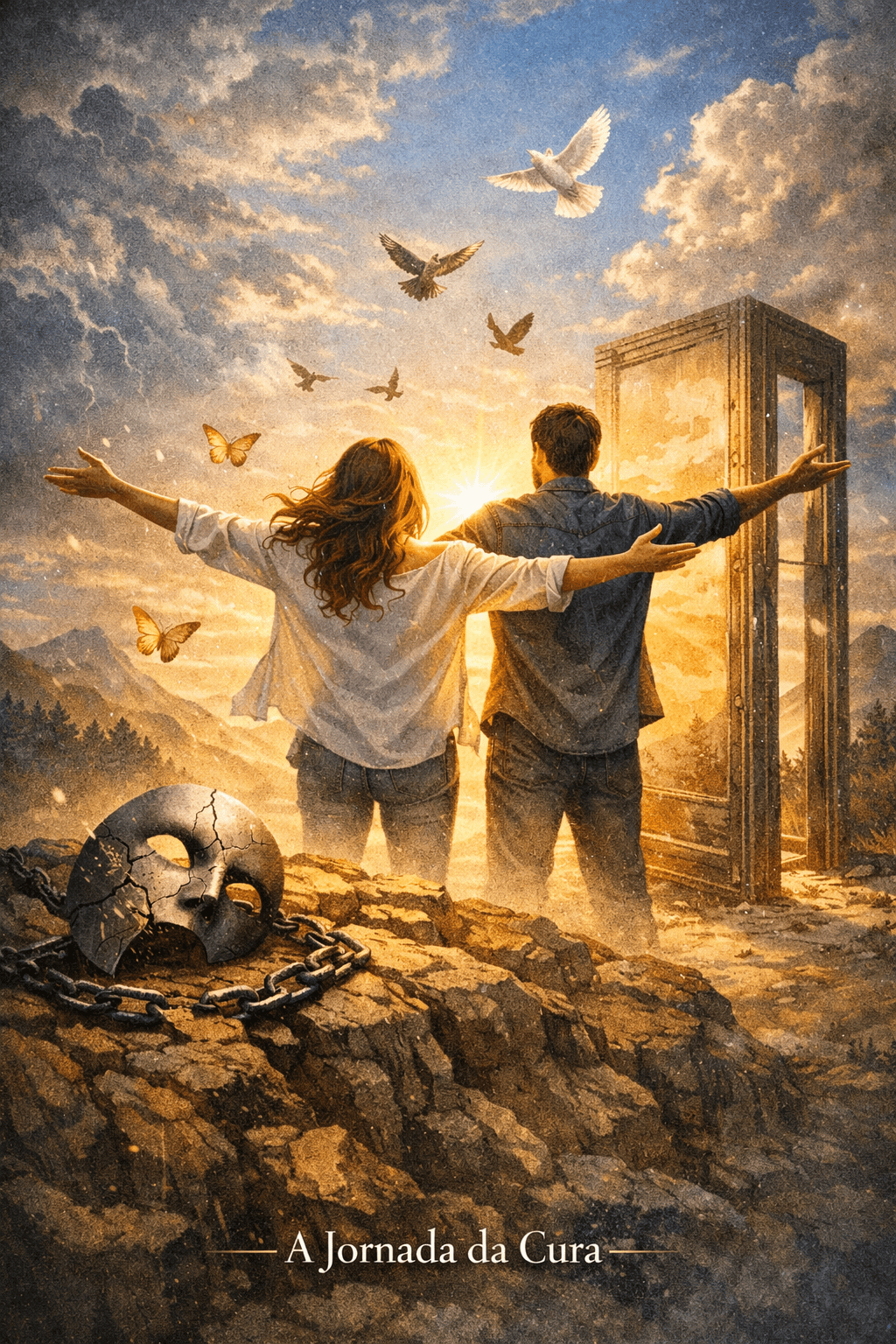 Ilustração simbólica de autenticidade e libertação pessoal, mostrando duas pessoas de braços abertos diante do nascer do sol, com pássaros e borboletas voando, representando o renascimento interior. No rodapé lê-se “A Jornada da Cura”.