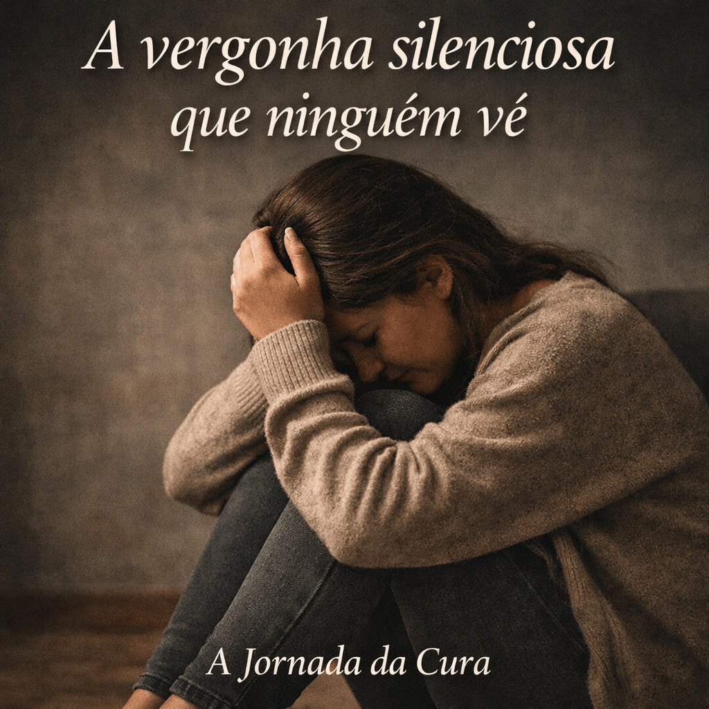 Mulher sentada no chão, abraçando as pernas e segurando a cabeça, representando a vergonha silenciosa e o peso emocional que ninguém vê.