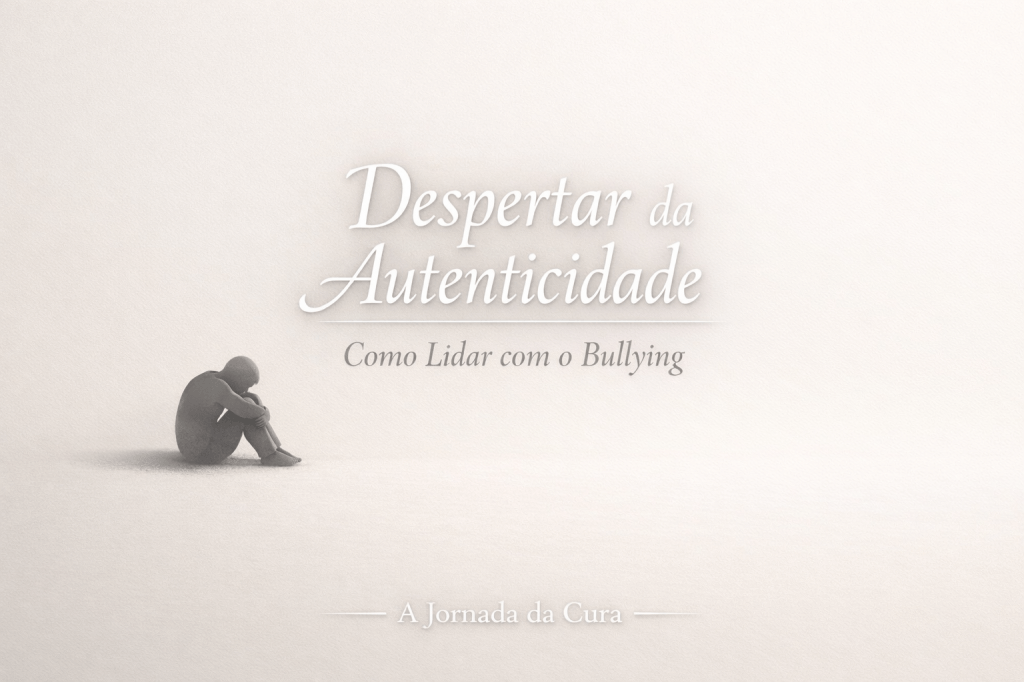 Design minimalista com fundo suave e figura simbólica sentada, acompanhado do título “Despertar da Autenticidade: Como Lidar com o Bullying” e rodapé “A Jornada da Cura”, representando a dor invisível e a reconstrução interior.