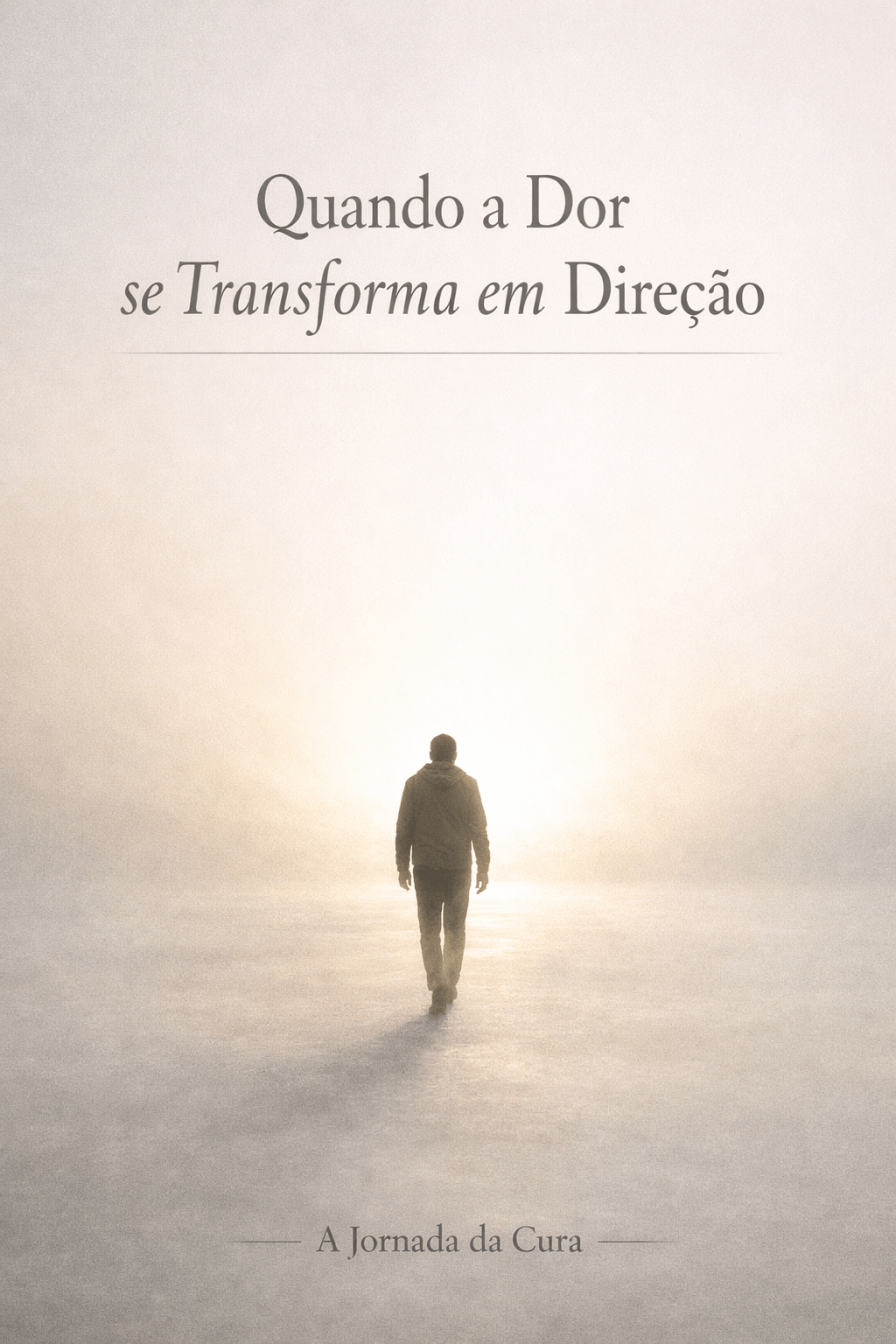 Imagem minimalista com figura solitária a caminhar em direção à luz, simbolizando o momento em que a dor se transforma em direção e consciência.