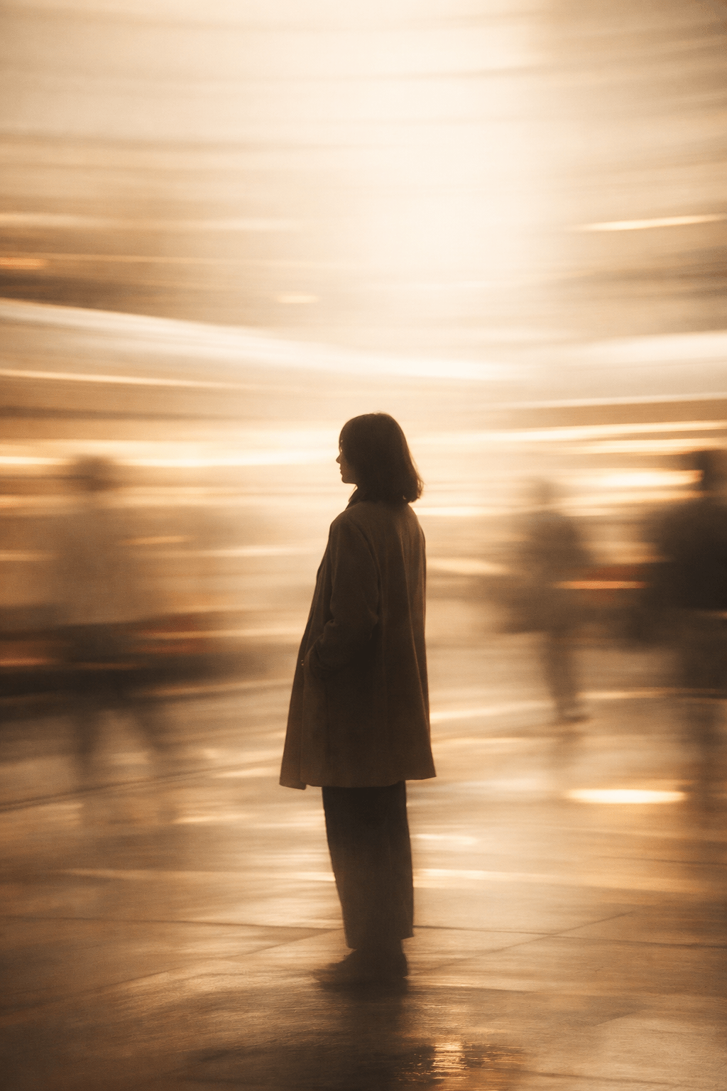 Silhueta de uma mulher parada num espaço urbano enquanto o mundo ao redor se move em desfoque dourado. A imagem simboliza o contraste entre a mente acelerada e a vida que acontece devagar — o instante em que o corpo se torna âncora e o presente volta a ser suficiente.